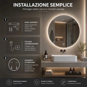 Specchio Rotondo Ø60 cm LED a 3 Colori Retroilluminato Accensione Touch...