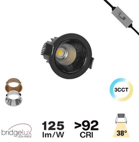 Faro da Incasso 7W Foro Ø55mm Nero IP40 CCT BRIDGELUX LED 3 Parabole Colore Bianco Variabile CCT