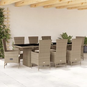 Set da pranzo da giardino 9 pz con cuscini beige in polyrattan