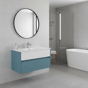 Mobile da bagno sospeso sotto lavabo Niwa 2 cassetti L 89.5 x H 50 x P 45.5 cm blu pacifico e bianco cannettato
