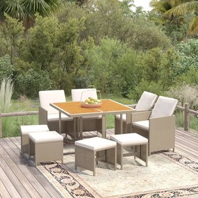 Set da Pranzo da Giardino 9 pz con Cuscini in Polyrattan Beige