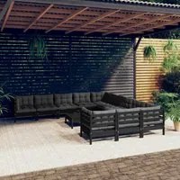 Set Divani da Giardino 12 pz con Cuscini in Legno di Pino Nero 3097029