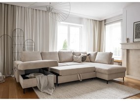 Divano letto angolare in velluto a coste beige (angolo destro) Lofty Lilly - Miuform