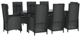 Set da pranzo da giardino 9 pz con cuscini nero in polyrattan