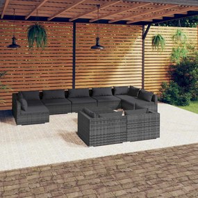 Set Divani da Giardino 10 pz con Cuscini in Polyrattan Grigio