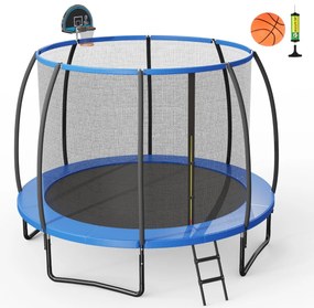 Costway Tappeto elastico con anello da basket rete cuscinetto di sicurezza scaletta con 2 gradini, Trampolino da 305cm