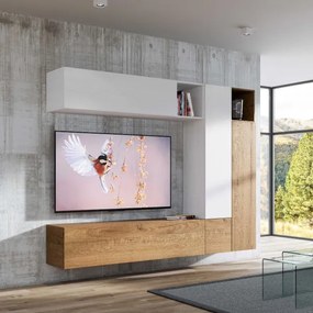 Parete attrezzata in legno sospesa moderna L254xP39,5 bianco e quercia A08