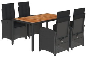 Set da pranzo da giardino 5 pz nero con cuscini in polyrattan