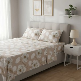 Completo letto matrimoniale beige fiori bianchi