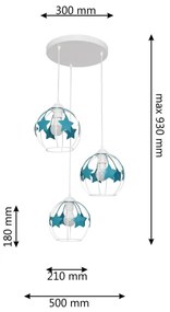 Lampadario a sospensione per bambini STARS 3xE27/15W/230V turchese/bianco