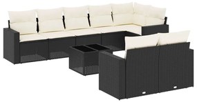 Set divani da giardino 9 pz con cuscini nero in polyrattan