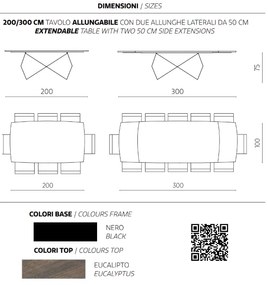 Tavolo allungabile 300 cm con base metallo Nero e piano Eucalipto WALL