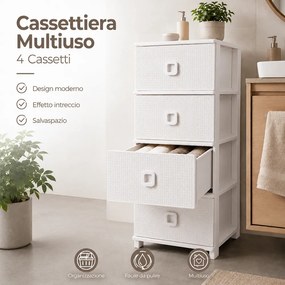 Cassettiera 37x37,5x80 cm Pratika Kool Multiuso con 4 Cassetti in Plastica Bianco...