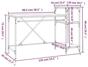 Scrivania Ripiani Rovere Fumo 135x50x90 cm Multistrato e Ferro