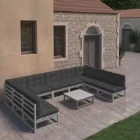 Set Divani da Giardino 10pz con Cuscini Grigio Massello di Pino 3077201