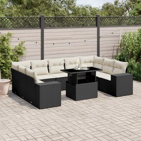 Set divani da giardino 10pz con cuscini in polyrattan nero