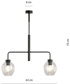 Lampadario Moderno 2 Luci Auriga In Accaio Nero E Vetro Trasparente