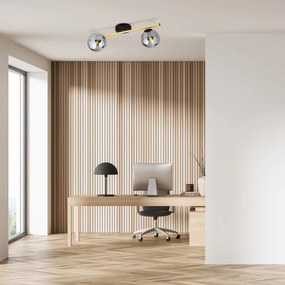 Plafoniera Contemporanea 2 Luci Eracle In Acciaio Oro/Nero E Sfere Vetro Fumè