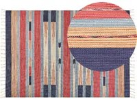 Tappeto Kilim multicolore in cotone 200 x 300 cm tessuto a mano a trama piatta reversibile con motivi geometrici e frange, tradizionale Boho, per il soggiorno e la camera da letto.