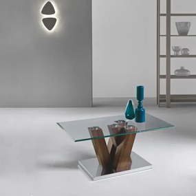 Tavolino da salotto in vetro con base legno teak - YURI