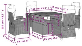 Set da Pranzo da Giardino 5 pz con Cuscini in Polyrattan Grigio