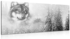 Quadro su tela – Lupo nel paesaggio innevato in bianco e nero