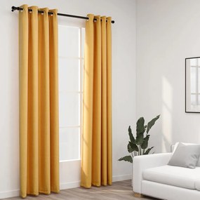 Tende Oscuranti Effetto Lino Con Occhielli 2pz Gialle 140x245cm /