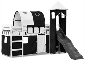 Letto a soppalco con torre bambini bianco e nero 90x190cm pino