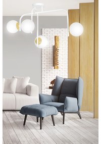 Lampadario 4 Luci Kalf In Acciaio Bianco A Bracci E Sfere In Vetro Opalino E Oro