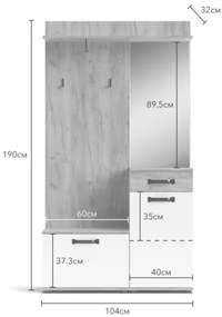 Mobile Da Ingresso 104x32x190 Con Ante E Specchio Bianco E Rovere Mosso MO6