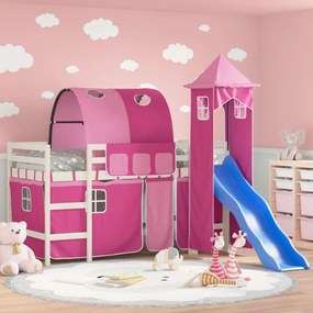 Letto A Soppalco Con Torre Bambini Rosa 80x200cm Massello Pino /