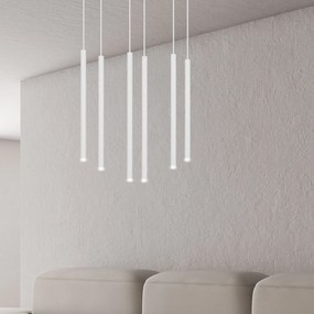 Lampadario 6 Luci Moderno Shu Acciaio Bianco E Paralumi A Cilindri Sottili