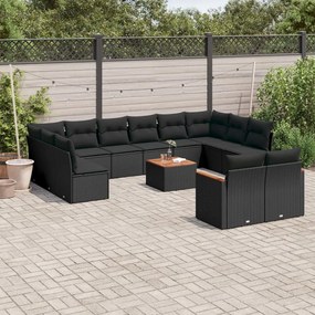 Set Divani da Giardino 13pz con Cuscini Nero in Polyrattan