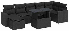 Set divani da giardino con cuscini 8 pz nero in polyrattan