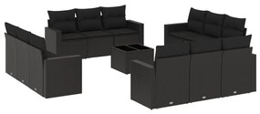 Set divani da giardino 13pz con cuscini nero in polyrattan