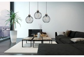 Lampadario 3 Luci Morgana Paralumi A Gabbia In Acciaio Nero E Legno Naturale