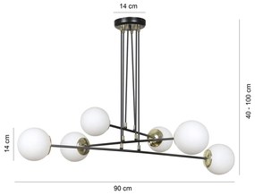 Lampadario Moderno 6 Luci Tsukuyomi In Acciaio Nero E Oro E Vetro A Sfera Opale