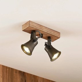 Lindby Grandesa faretto soffitto, 2 luci Lindby, dimmerabile, Legno scuro, Soggiorno / Sala da pranzo, Legno, Vintage, Faretto alogeno