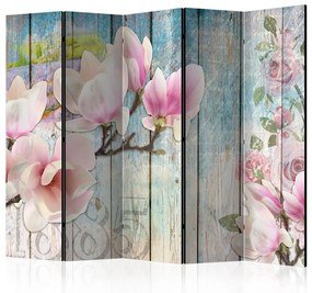 Paravento design Fiori Rosa su Legno II (5-parti) - collage colorato su tavole