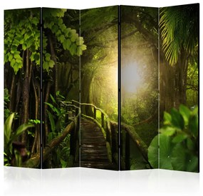 Paravento Cuore della foresta II - ponte in foresta con piante tropicali