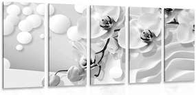 Quadri 5 pezzi – Orchidea in bianco e nero su sfondo astratto
