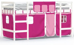 Letto a soppalco con tende bambini rosa 80x200 cm massello pino