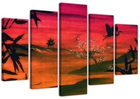 Quadro su tela 5 pannelli Paesaggio rosso giapponese