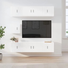 Set Di Mobili Porta Tv 7 Pz Bianco Lucido İn Legno Multistrato /