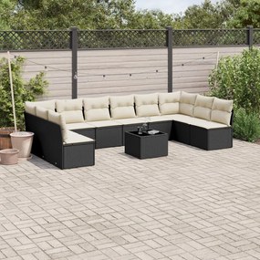 Set divani da giardino 11 pz con cuscini in polyrattan nero