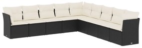 Set divani da giardino 9 pz con cuscini nero in polyrattan