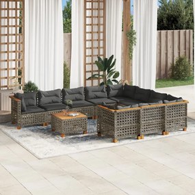 Set divani da giardino 11 pz con cuscini in polyrattan grigio