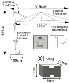BACTRUS - ombrellone da giardino decentrato 3 x 3 m