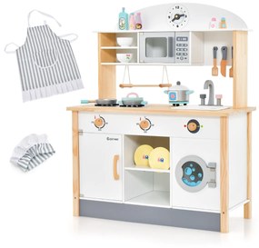 Costway Cucina giocattolo per bambini con forno a microonde e lavatrice in legno, Set da cucina per giochi di finzione