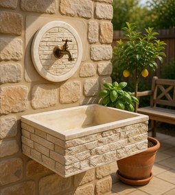 Lavello Rettangolare da Esterno 45x35 cm con Rosone Installazione a Muro in Cemento Mattone Faccia a Vista Meseta Nocciola...